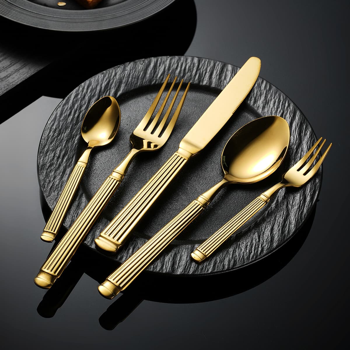 Roman Column Stainless Steel Knife Fork Spoon Amazon Gold Cutlery 5-Piece Set Light Luxury Western Steak Knife Fork Spoon