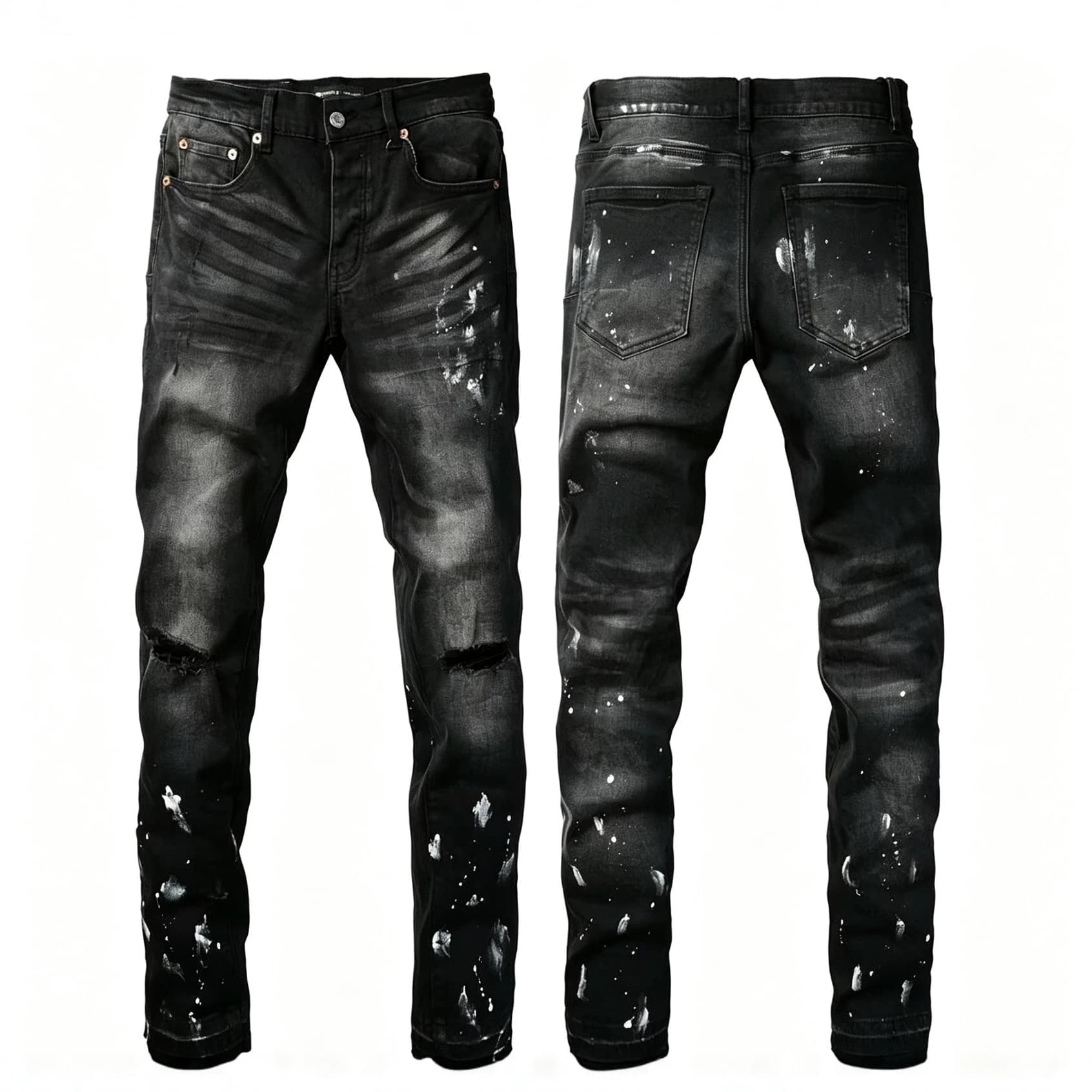 European and American Trendy Brand Autumn New Men's Black and Gray Splash Graffiti Ripped Jeans Men's Elastic Slim Fit Pants