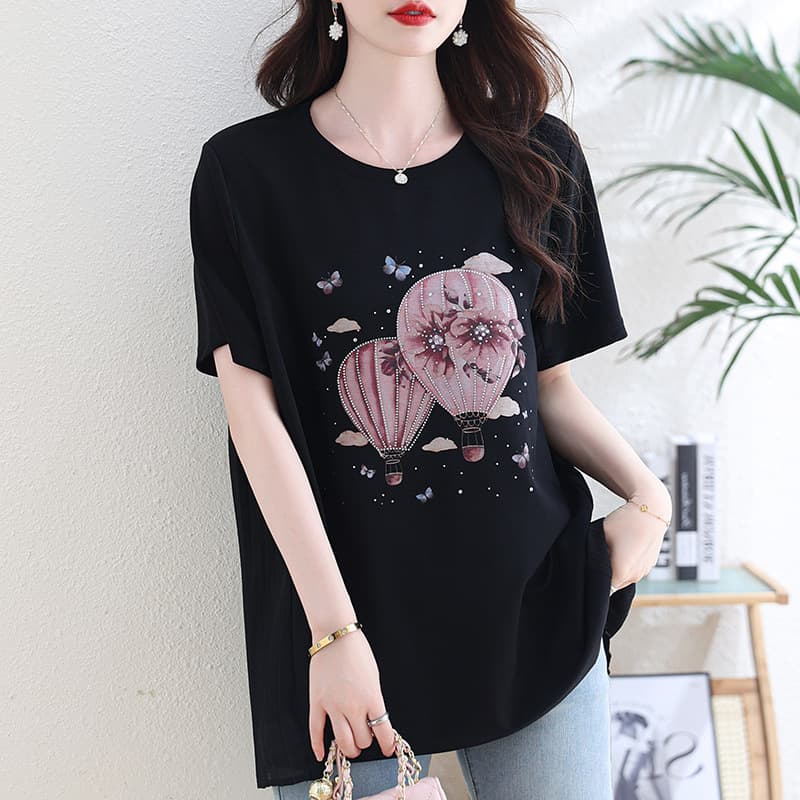 Quality Guaranteed Plus Size Tummy-Covering Youthful Mom Pleated Patchwork Short Sleeve T-Shirt Women's Summer New European Style Top Sweatshirt