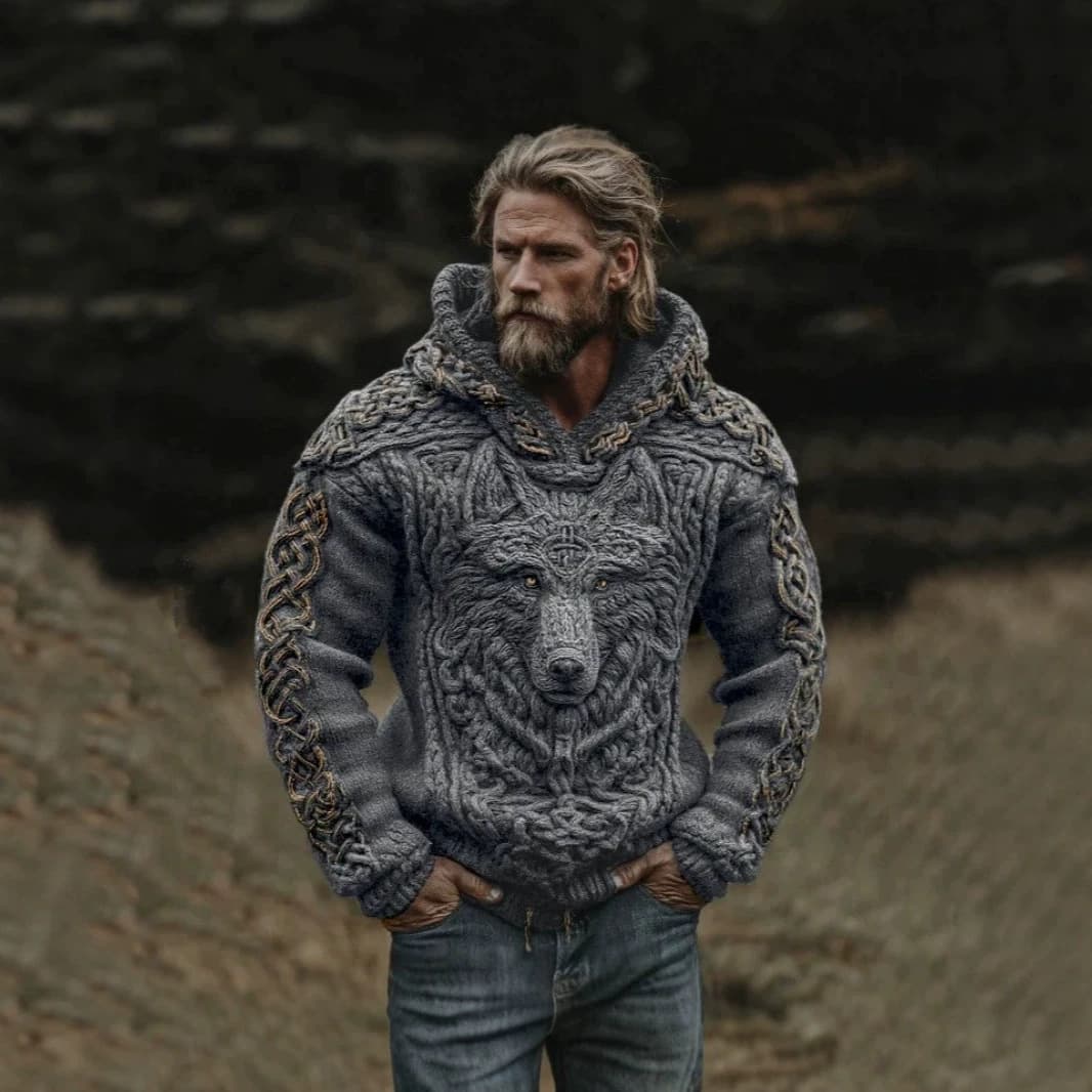 2026 New European and American Style Nordic Knitted Hoodie Men's Streetwear Loose 3D Print Coat Winter Trend