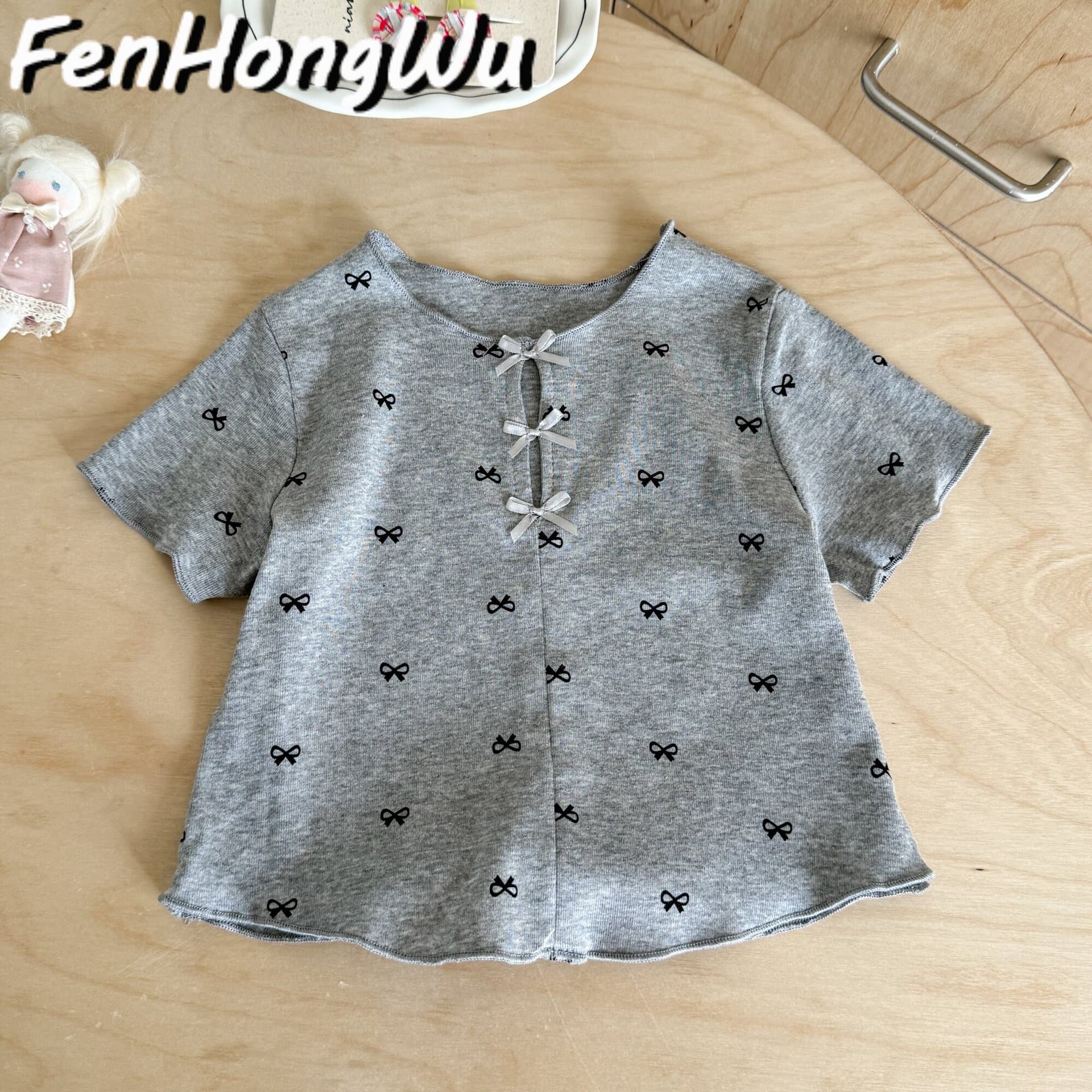 [Pink House] Girls' Short-Sleeved T-Shirt Summer Thin Style Bow-Knot Children's T-Shirt Summer New Style Fashionable Top
