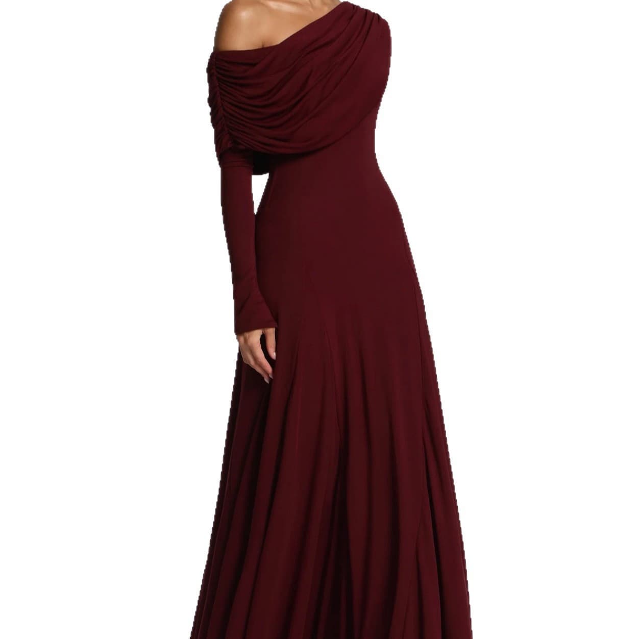 Cross-border European and American off-shoulder draped long-sleeve evening gown, cinched waist slimming fishtail long formal dress