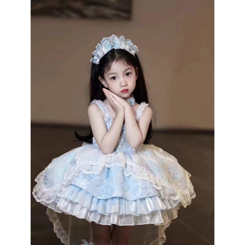 Girls' Heavy-Duty Lolita Blue Elsa Princess Tutu Dress, All-Season Dress, Children's Holiday Dress