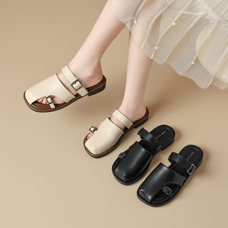 ZHR Double Buckle Flat Sandals for Women 2025 Summer New Style Closed-Toe Slip-On Shoes for Commute, Ins Ultra-Soft Women's Footwear