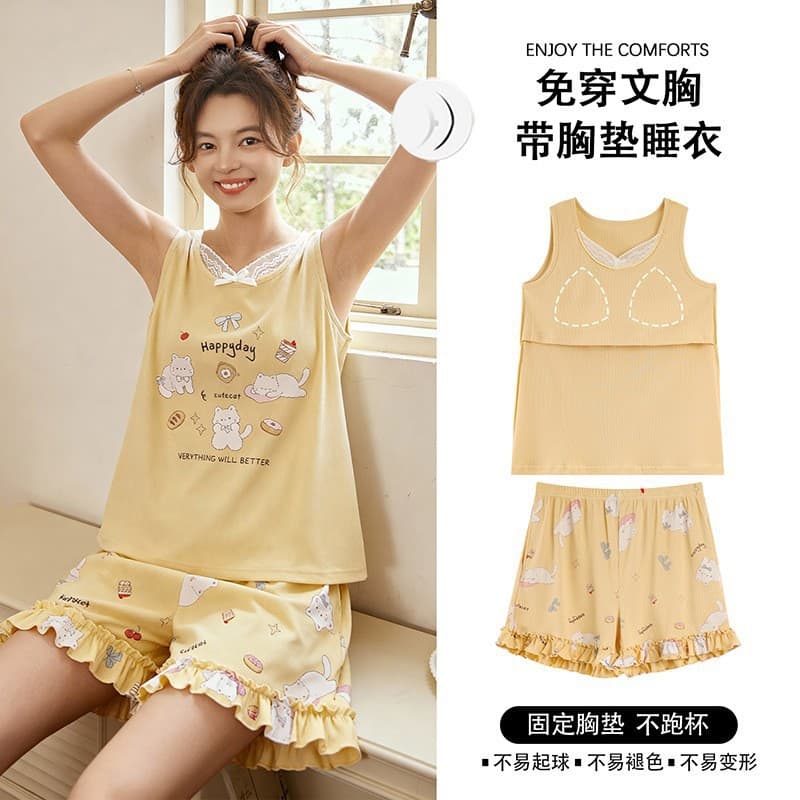 Pajamas with breast pads for women summer vest shorts ribbed modal cartoon sweet girl thin home wear set