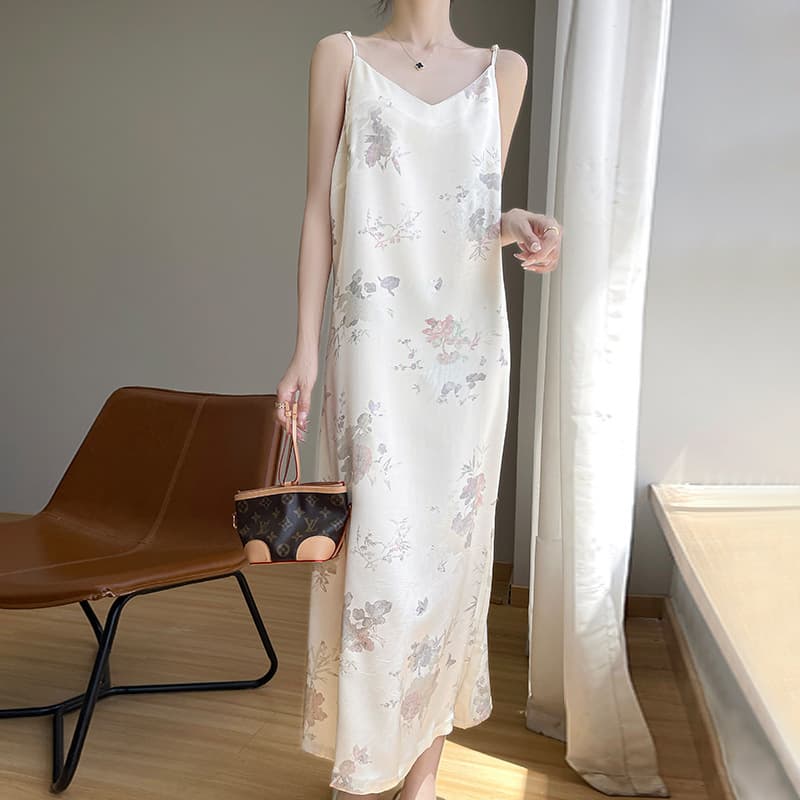 Silk Satin 2024 Summer New Women's V-neck Suspender Printed Waist Long Skirt Mid-Length Over-the-Knee Dress