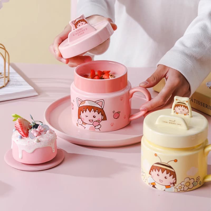 Chibi Maruko-chan Phone Holder Mug, Household Ceramic Mug with Handle, Office Video Stand Cup, Sister Water Cup