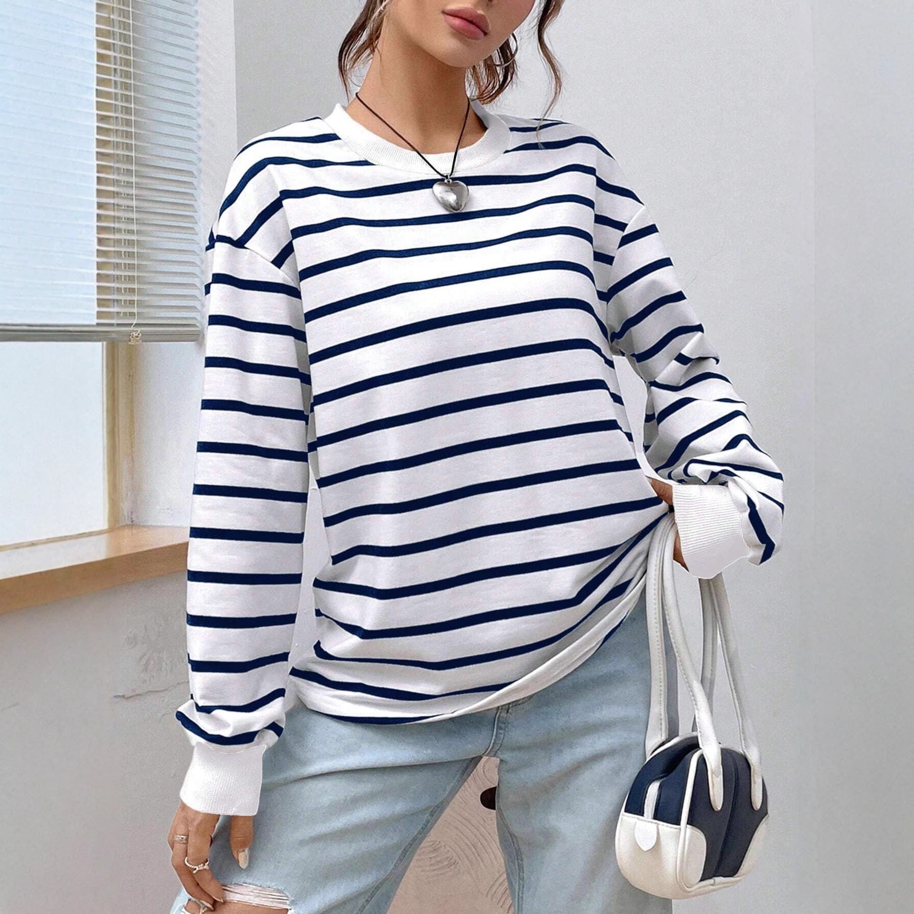 Striped Round Neck Sweatshirt Women's 2025 New Loose Fit Lightweight Suitable for Spring and Autumn