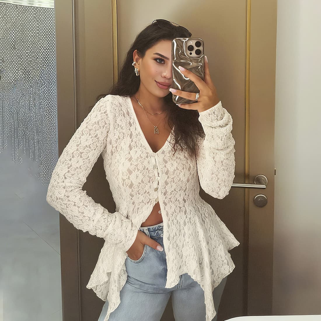 European and American 2025 Autumn New Women's Solid Color Sexy Hollow Irregular Hem Lace Long Sleeve Cardigan T-Shirt