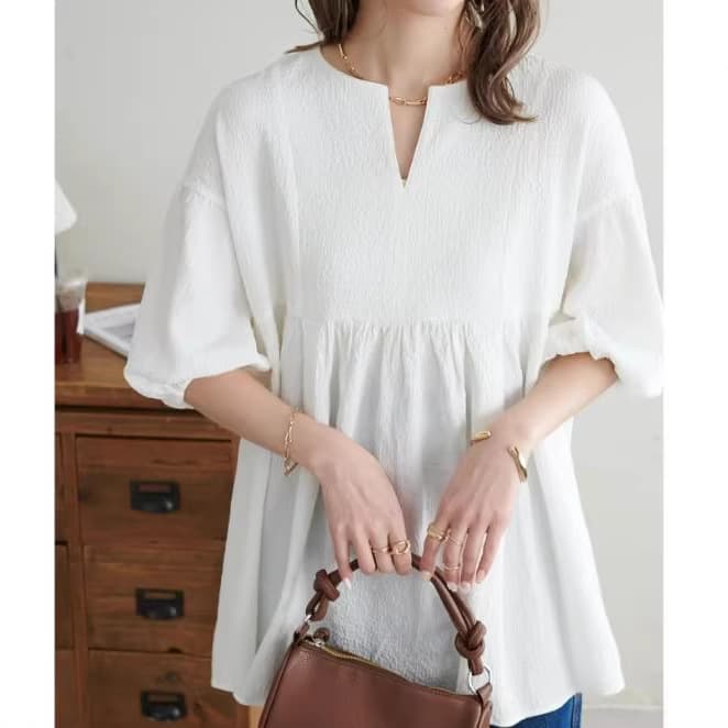 Cross-Border Summer New Korean Style Plus Size Loose Versatile Top for Women, V-Neck Babydoll Top to Conceal Belly and Slim