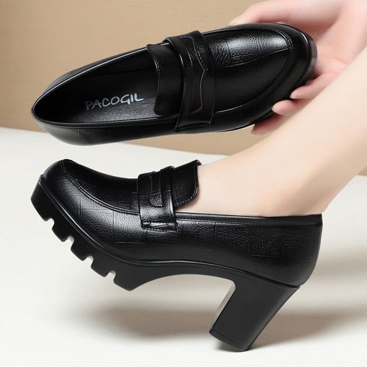 Women's High Heels 2024 New Spring Autumn Leather Shoes Non-Fatigue Deep Mouth Flats Comfortable Thick Sole Platform Chunky Heel Shoes