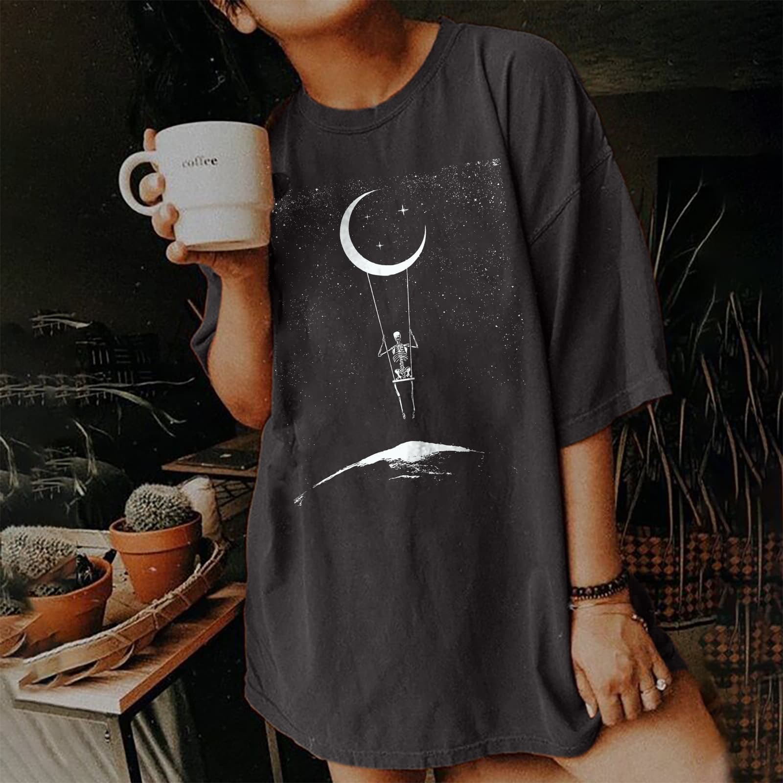 Women's Short Sleeve T-Shirt, Drop Shoulder, European Size, Vintage Print T-Shirt, Skull Moon Design, Casual
