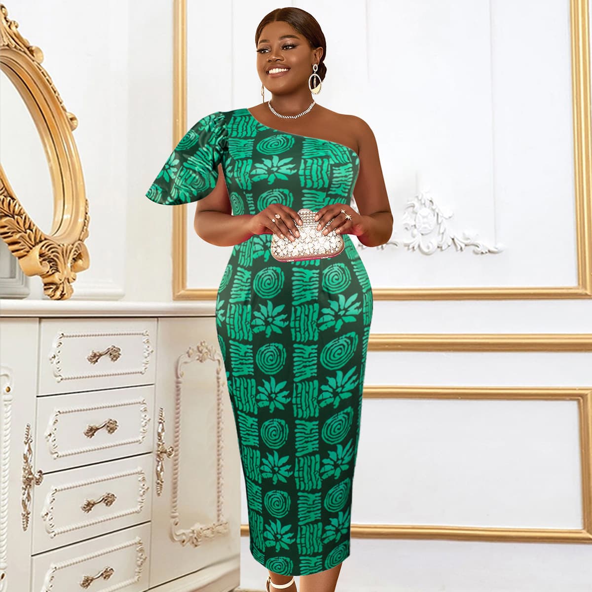 AM030734 Plus Size Printed Dress One-Shoulder Asymmetric Neckline Birthday Party Dress