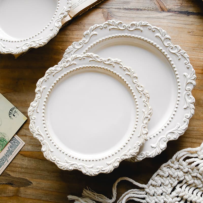 French Baroque Vintage Relief Palace Style Ceramic Dinner Plate European Tableware Western Soup Plate Bowl Set