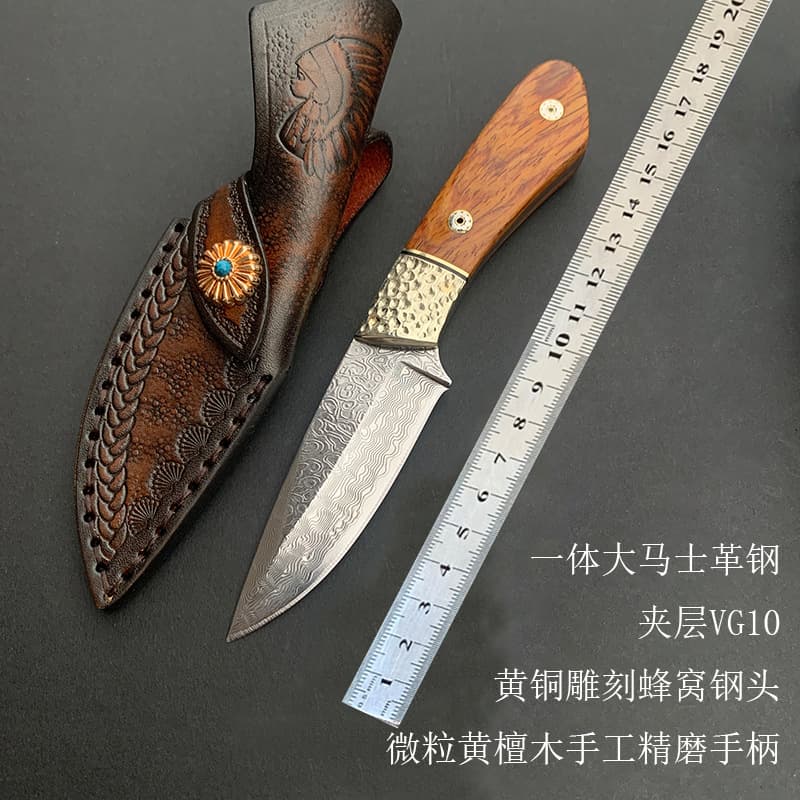 Damascus Steel Outdoor Small Straight Knife Camping Meat Knife Hand-Held Meat Knife Field Hunting Survival Knife Portable Fruit Knife