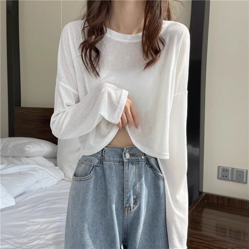 Stylish White Long-Sleeve Sun Protection T-Shirt for Women 2025 Summer New Loose Thin Cardigan Short Top