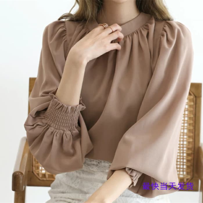 2026 Lotte Quick-Dry Wrinkle-Resistant Round High Neck Bubble Sleeve Chiffon Blouse