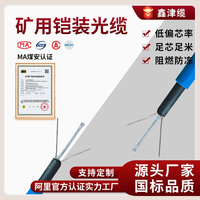 MGT5V Armored Flame-Retardant Optical Cable for Coal Mines, 2-Core Temperature Measuring Fiber Optic Cable, MGXT5V Coal Mine Safety Certification