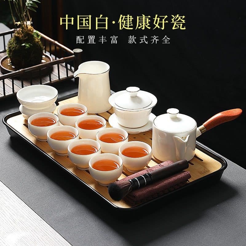 Dehua White Porcelain Tea Set, High-End Gold-Painted Side-Handle Teapot, Lard Jade Porcelain Gaiwan Tea Cup Gift Box