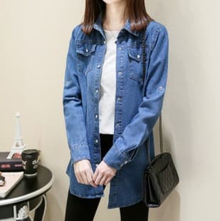 2021 In Stock Mid-Length Slim Fit Plus Size Denim Shirt Women's Autumn Base Layer Long Sleeve Shirt Women's Jacket