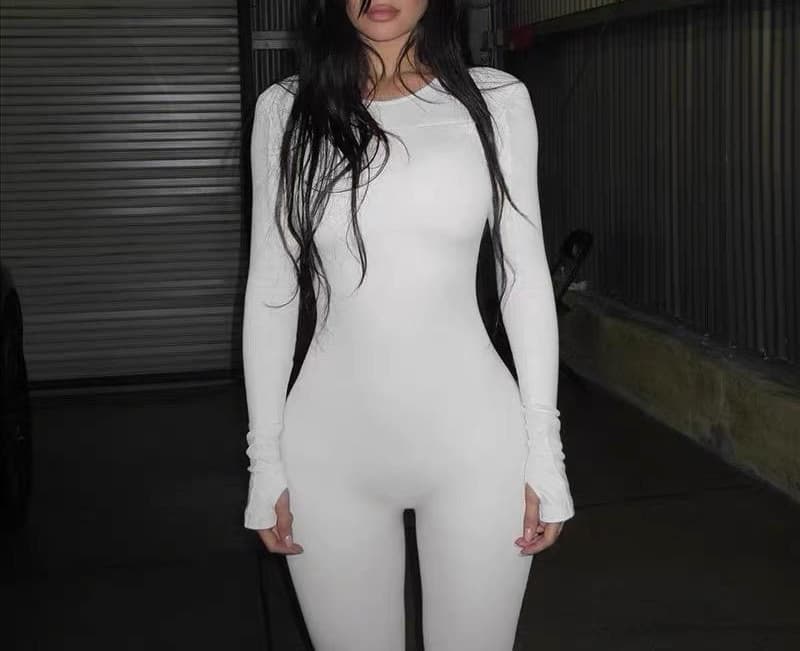 New Style~Khy Same Style 2024 Autumn and Winter New Fashion Round Neck Long-Sleeved Sexy Slim Pure Color Casual Jumpsuit