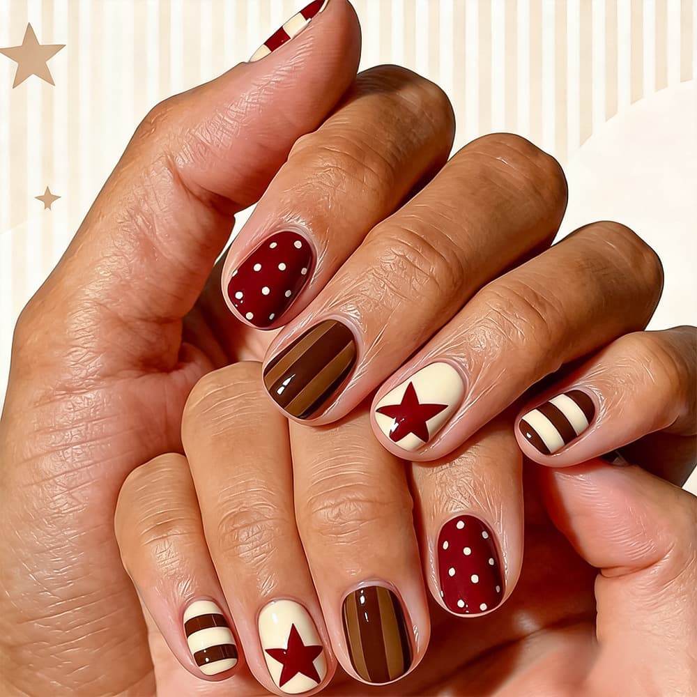Daily Short Round Polka Dot Wearable Nails Star Stripe Contrast Simple White-Enhancing Nails 24 Pieces Removable Fake Nails