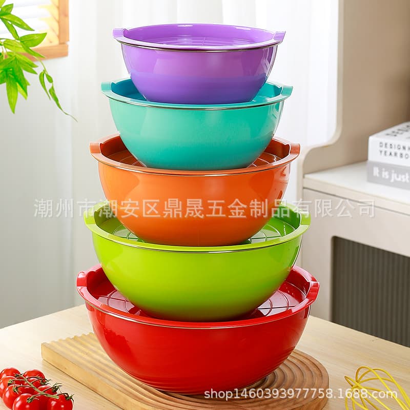 Cross-border Thick Stainless Steel Salad Bowl, Home Kitchen Egg Beating Bowl, Dough Kneading Bowl, Vegetable Washing Basin, Baking Colored Salad Bowl