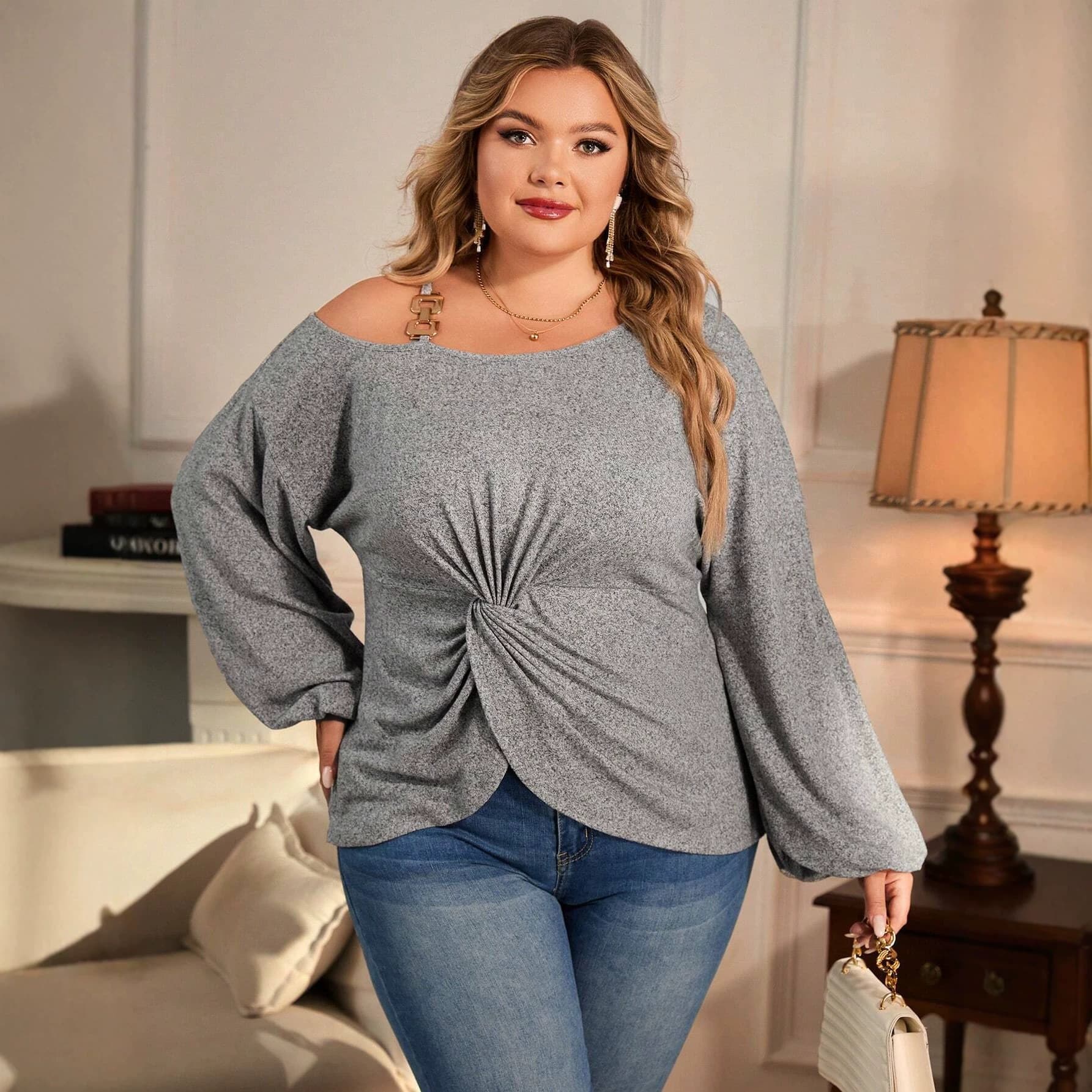 Plus Size Women's Off-Shoulder Twisted Long Sleeve T-Shirt with Metal Buckle Straps, Loose Fit Slimming Top