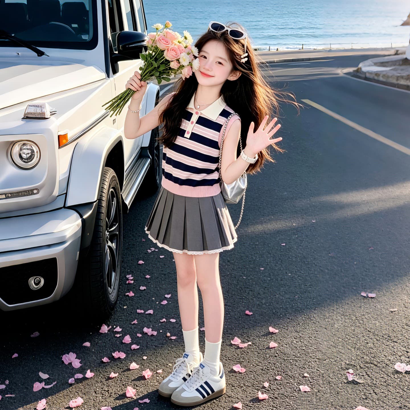 Girls' suits, summer clothes, little girls' striped polo shirts, fashionable pleated skirts, two-piece sets, children's cool Korean style outfits