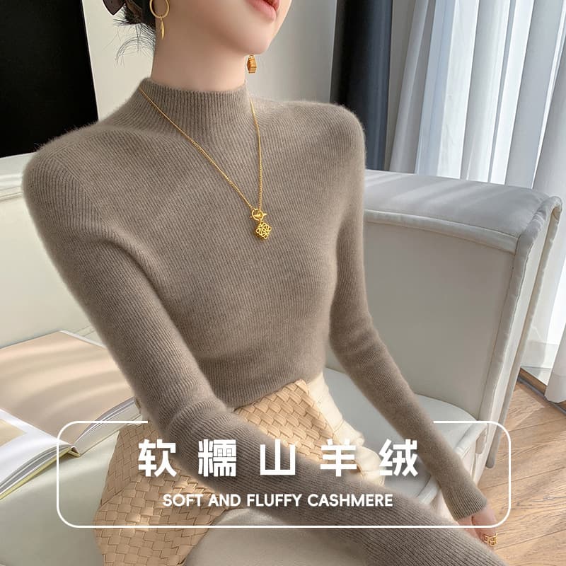 One-piece women's semi-high pullover ribbed fitted elegant office casual simple solid color cashmere knit base layer.
