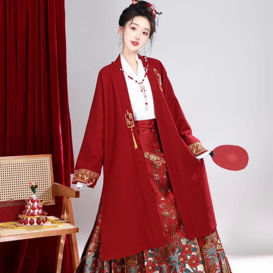 Hanfu Women's Red Airplane Sleeve Cross-collar Top Chinese National Style Engagement Wool Coat Horse-Face Skirt Wedding Attire Set Winter