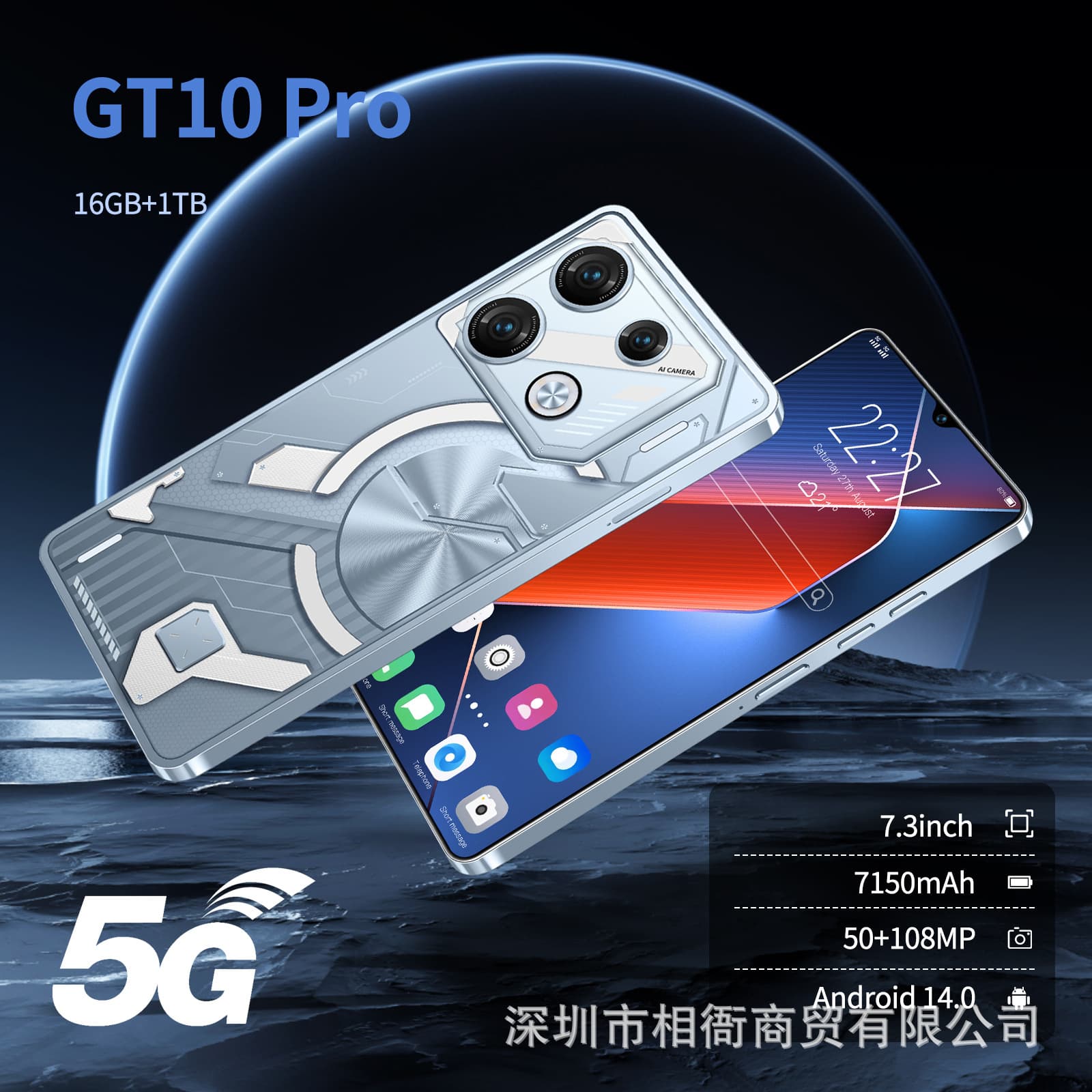New Arrival Cross-border Mobile Phone GT10 HD Large Screen Android 16+1T Smart 5G Phone Factory Direct Wholesale Price