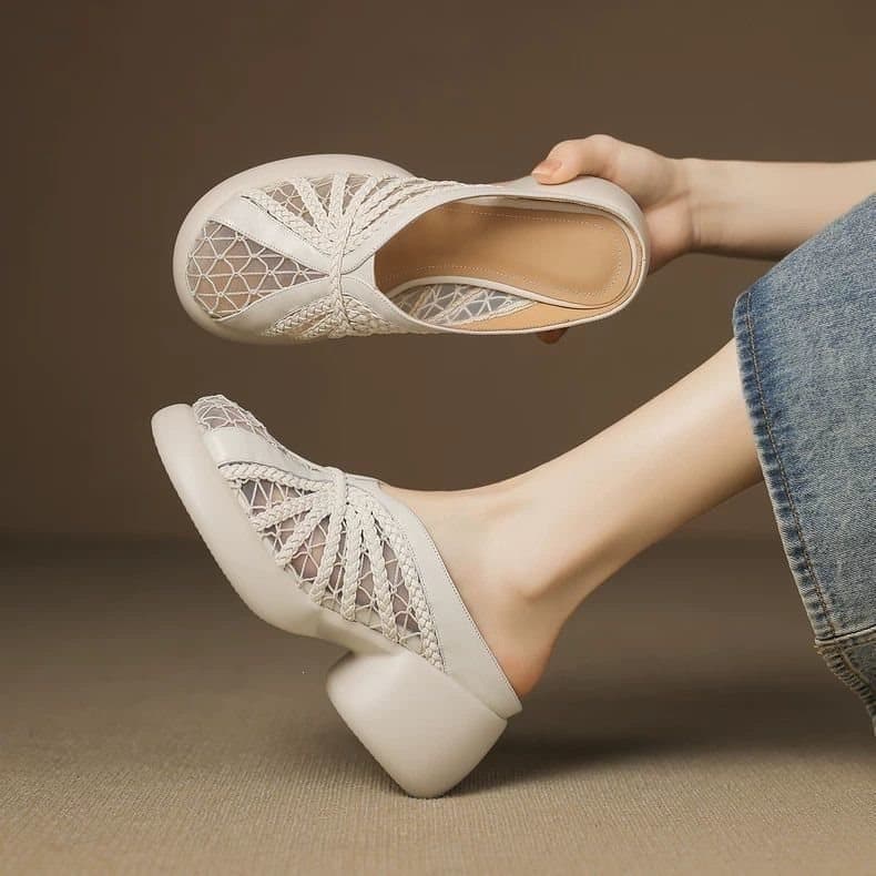 Small Size 6 CM Heel Platform Closed-Toe Slides for Women Summer Outdoor Mesh Woven Chunky Heel Mules Sandals