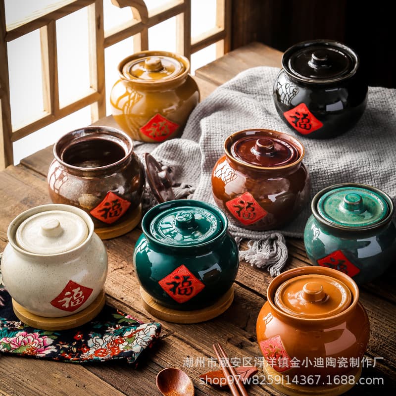 Bird's Nest Double-boiling Commercial and Household Large Ceramic Steaming Pots with Lids, Single-serving Soup Pots, Creative Retro Clay Soup Jars Wholesale