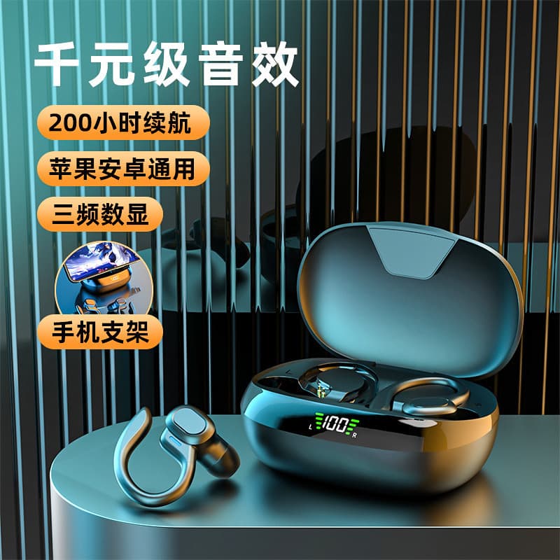 SP16 Clip-On Bluetooth Earbuds, Open-Ear Sports Running Headphones, Long Battery Life, Digital Display, Noise-Canceling Wireless Earbuds