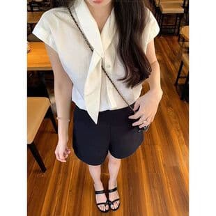 French White Tie-Neck Short Sleeve Shirt for Women Summer Petite High-End Sense Blouse Loose Elegant Batwing Sleeve Top