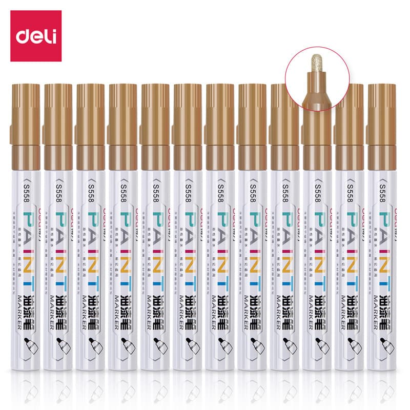 Deli Paint Pen S558 Touch-Up Pen Marker Tire Pen Sign-In Pen Champagne Gold (12 pcs/box)