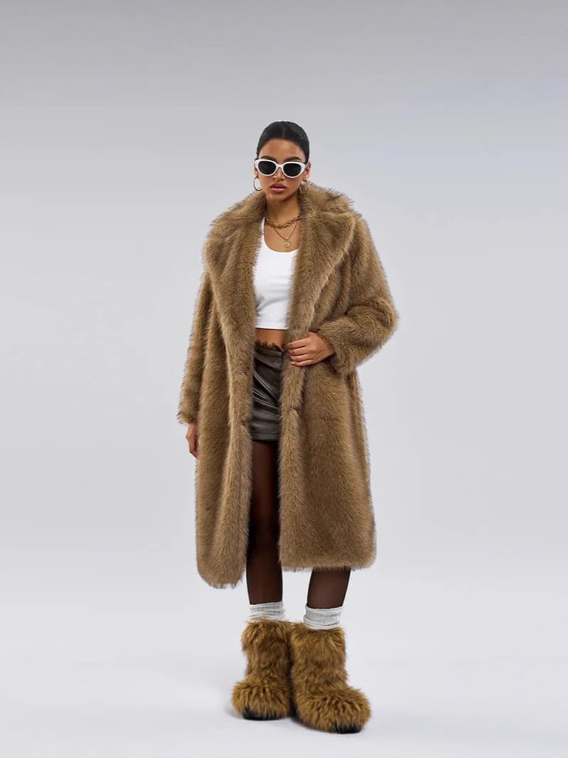 European and American fashion faux fur long coat, autumn and winter eco-friendly fox fur jacket, loose suit collar furry coat for women
