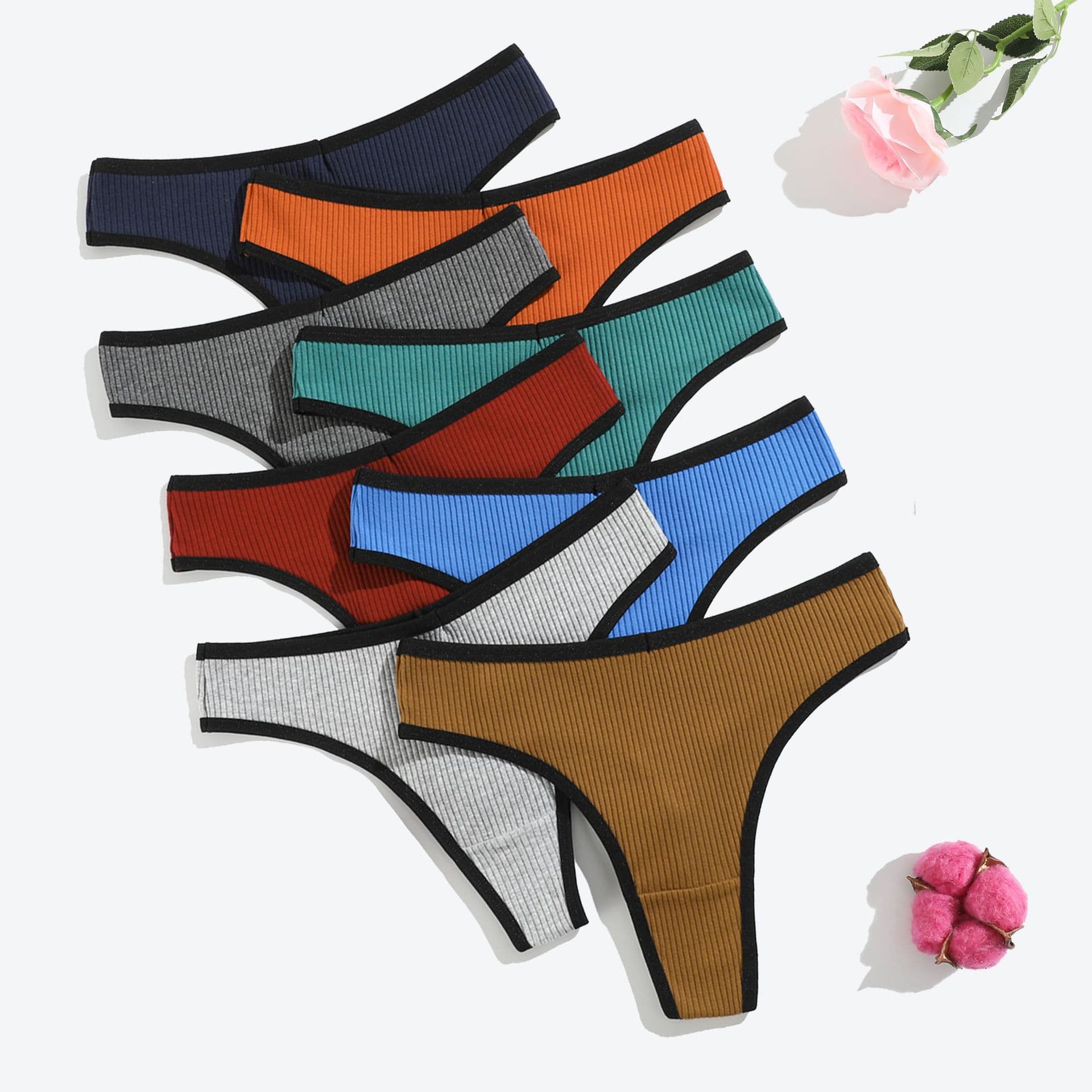New Pure Cotton Ribbed Women's Thong Panties, Solid Color Low-Waist Waist Shaping Breathable Double-Layer Gusset Teen Panties Factory Direct Supply