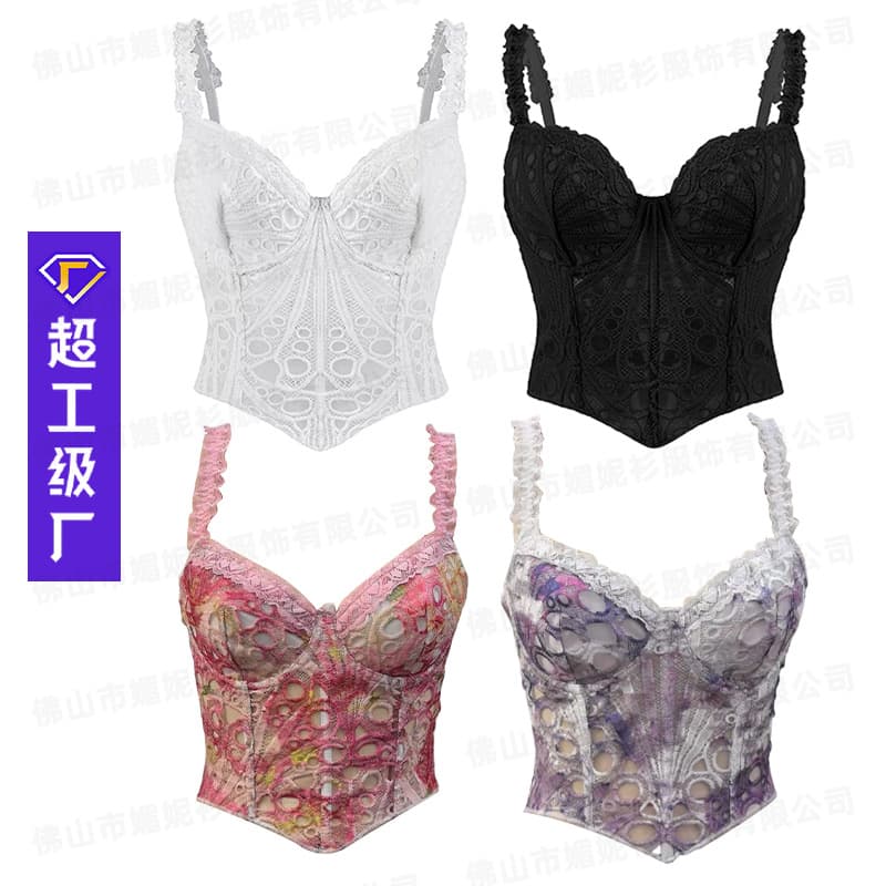 European and American Sexy Lace Steel Ring Diamond Fishbone Crop Top See-Through Hot Girl Fitted Vest Women Shaping Top