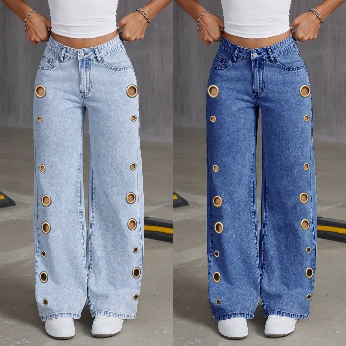 2026 New Women's Jeans for US/EU Cross-border Sales, Metal Eyelet Design, Relaxed Fit, High-Waist Wide-Leg Jeans