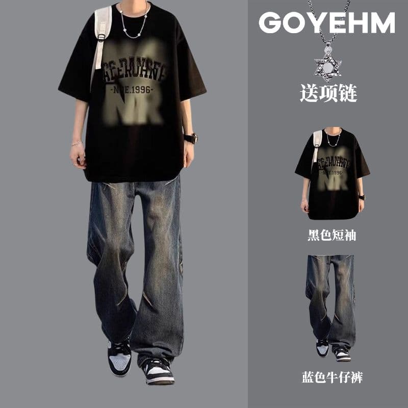 Short Sleeve Summer Trendy Loose Fit Sportswear Set with Jeans, Stylish Men's Two-Piece Outfit