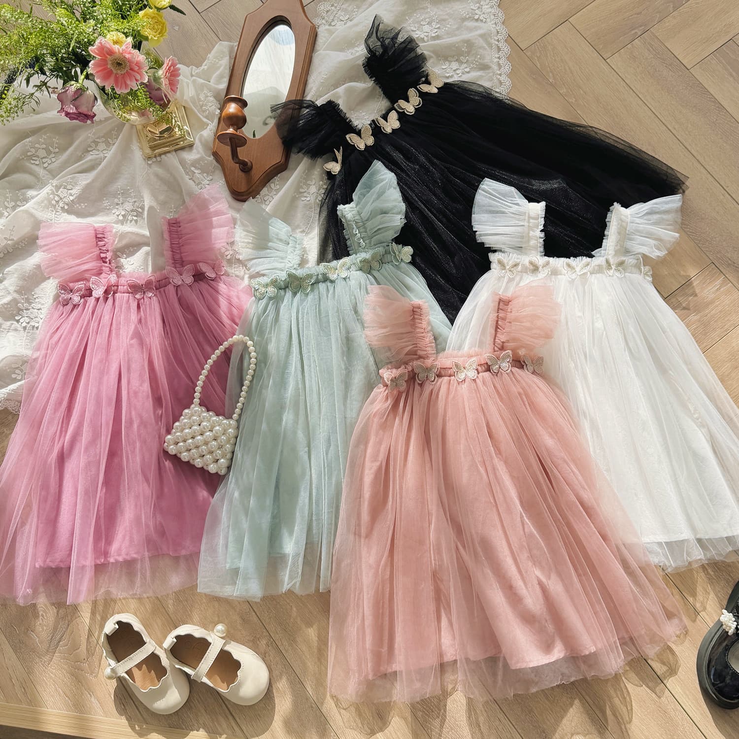 Double-Layer Butterfly Sweet Girl Mesh Skirt 2025 Summer Flutter Sleeve Strapless Princess Dress Puffy Birthday Dress Gown