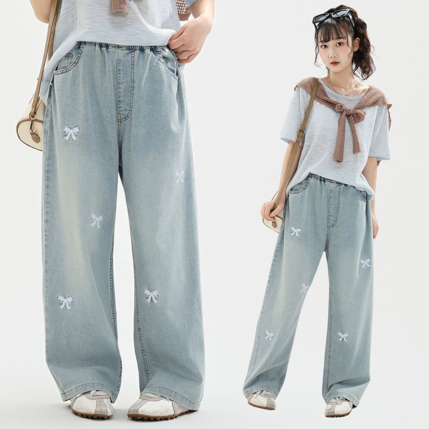Junior high school girls' light jeans summer clothes medium and large children's large size loose denim straight pants teenagers student trousers