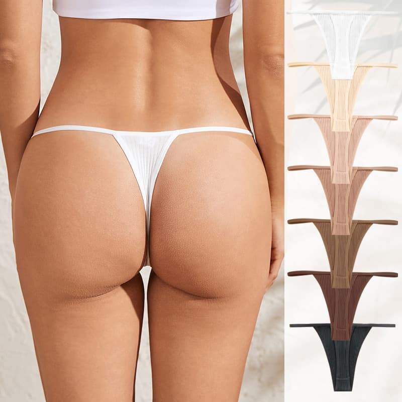 Women's Low-Rise Thin Strap Cotton Thong Underwear Breathable Invisible Seamless Cotton Ribbed T-Back Panties