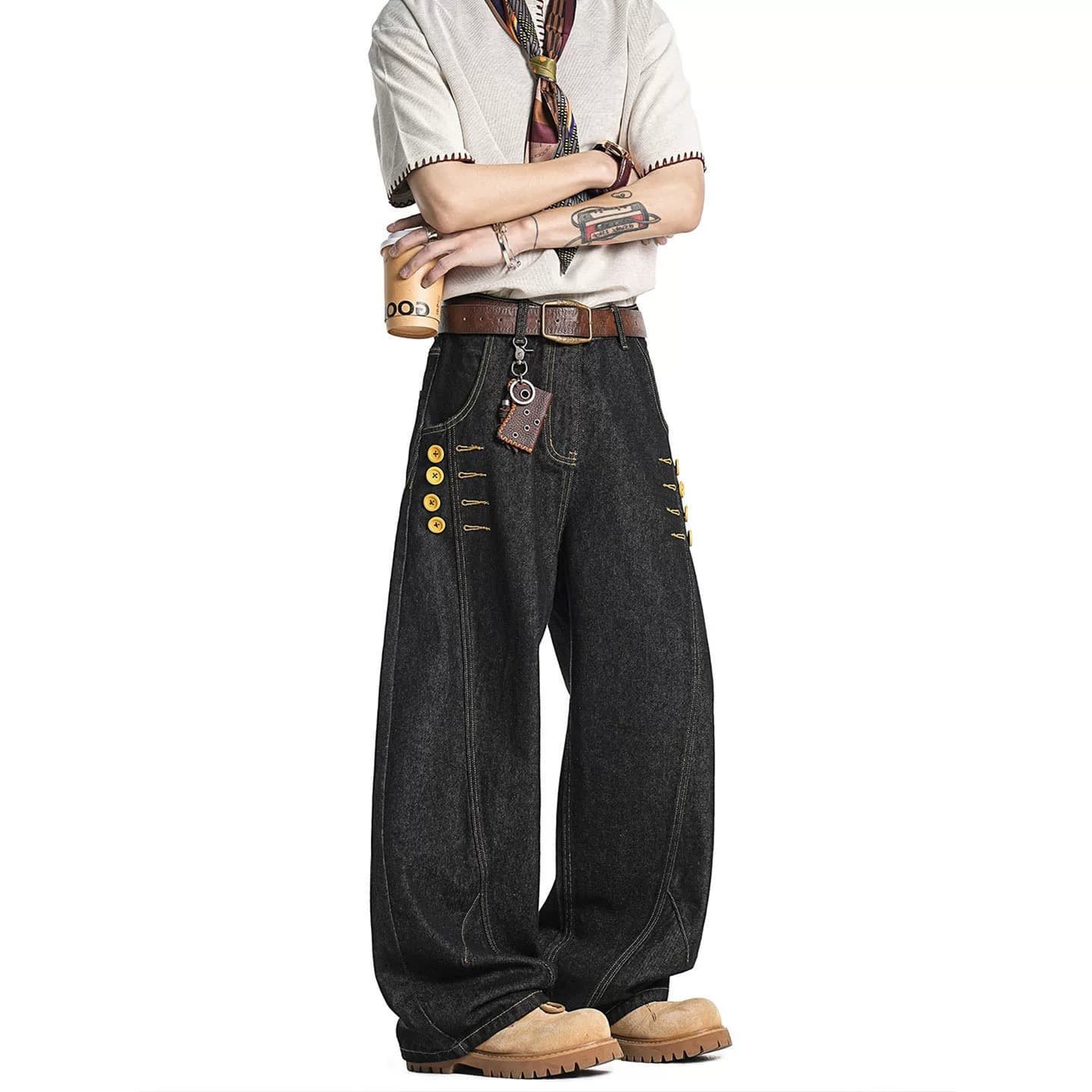 American retro-breasted buttoned decorative design jeans for men and women, street handsome, loose, casual and versatile wide-leg trousers