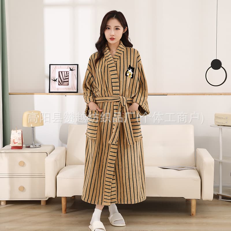 Cross-border Vertical Stripe Coffee Cat Bathrobe, Thickened Homewear for Autumn and Winter, Wearable Towel Couples Robe with Tie Belt