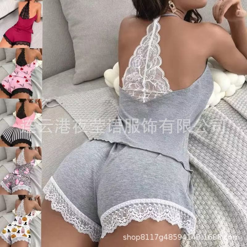 Cross-border European and American foreign trade pajamas crocheted milk silk sleeveless halter neck underwear shorts home wear lace women's two-piece set