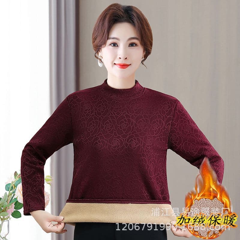 2025 Winter Middle-Aged & Elderly Women's Mid-Neck Jacquard Top, Half-High Neck Olefin Fleece Warm Base Layer Casual Mom Wear