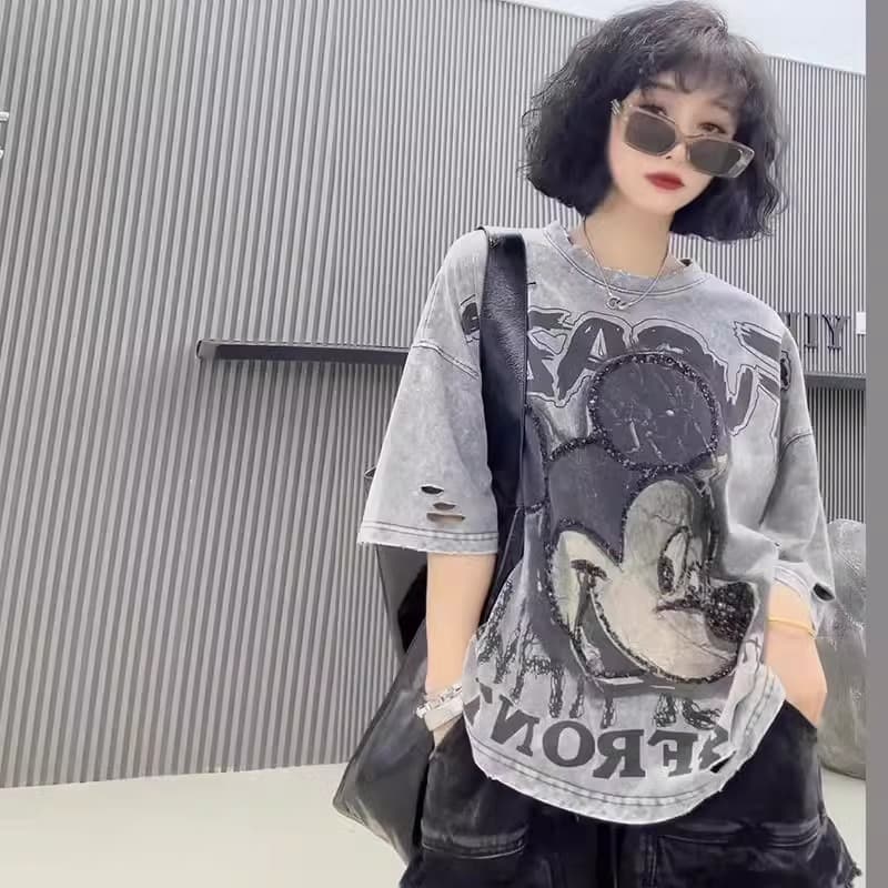 Extra Large Size 1.0-150kg Plus Size Summer Clothes Cartoon Loose Round Neck T-Shirt Women's Short-Sleeved Fashionable Age-Reducing Flesh-Covering Top Trendy